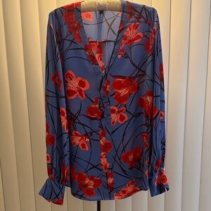 Express Blue & Red Floral Volume Sleeve Blouse Size XL